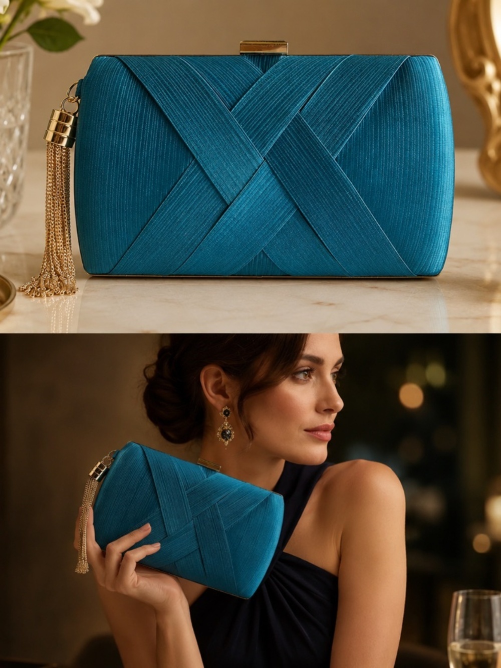 Elegant Goldtone Evening Clutch with Tassel Detail and Textured Woven Design NWT